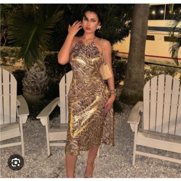 Zara Dresses & Skirts - ZARA  FOIL ANIMAL PRINT MIDI HALTER OPEN BACK GOLD DRESS